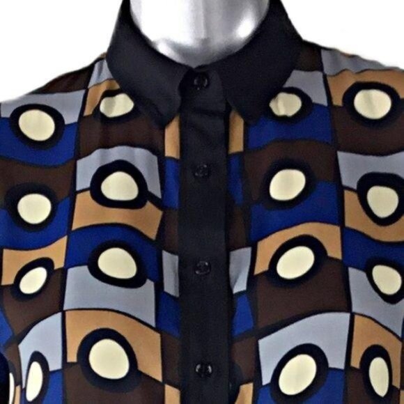 Anne Klein Geometric Print Blue Black Brown Blouse Size 8 - Picture 4 of 4
